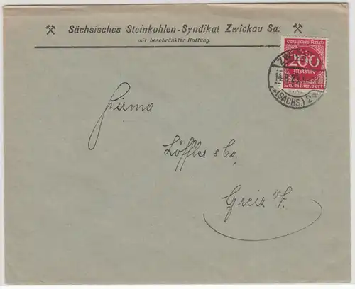 DR-Infla - 200 M. Ziffer/Perfin (Sächs. Steinkohlen-Syndikat), Brief Zwickau n.