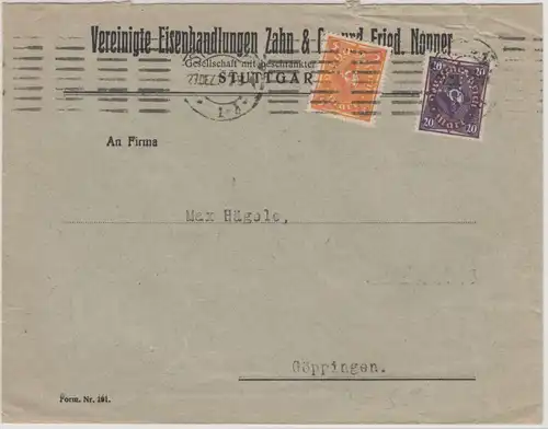DR-Infla - 20+5 M. Posthorn/Perfin "ZN", Brief Stuttgart - Göppingen 1922