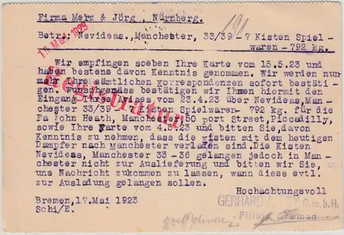 DR-Infla - 40 M. Schnitter Perfin GHB, Karte Bremen - Nürnberg 17.5.23