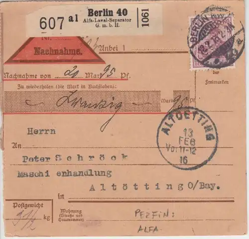 DR - 60 Pfg. Germania Perfin Nachnahme Paketkarte Berlin Altötting 1916