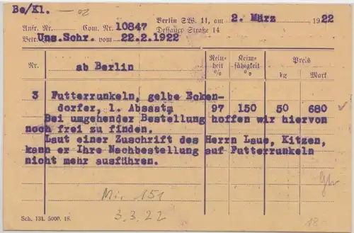 DR - 1 1/4 M. Germania Perfin DLG Karte Berlin Hasloch 1922