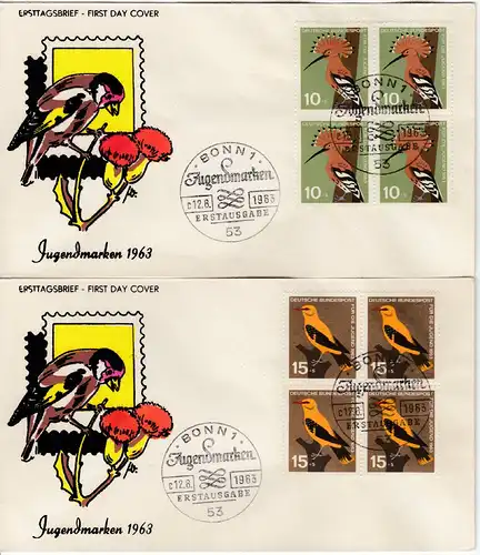 BRD - Jugend 1963 (Vögel), 4er-Blöcke a. Schmuck-FDC + ESST Bonn