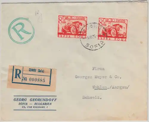 Bulgarien - 2x8 L. Eilmarke Einschreibebrief i.d. SCHWEIZ Sofia - Wohlen 1939