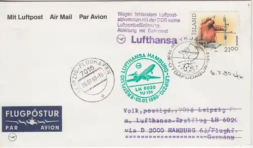 Island - 21 Kr. Bogenschütze FDC Lufthansa Erstflug Hamburg Leipzig Zuleitung