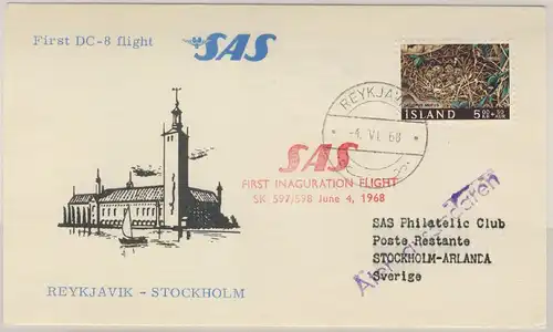 Island - SAS Erstflug Reykjiavik - Stockholm Luftpostkarte 1968