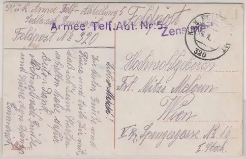 Österreich - Armee-Telf.-Abt. Nr. 5, L1 a. Feldpostkarte FpA 320 - Wien