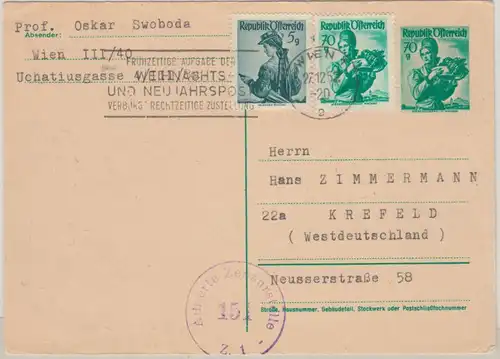 Österreich - 70g Trachten Ganzsache + Zusatz Wien - Krefeld 1952 österr. Zensur