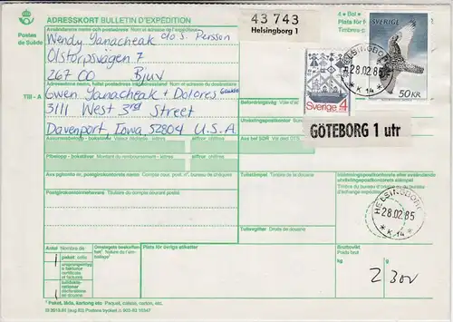 Schweden - 50 Kr. Falke u.a., Paketkarte n. USA, Helsingborg - Davenport 1985