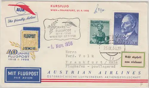 Österreich - AUA 40 Jahre Flugpost Sonderluftpost Wien - Frankfurt /postlagernd