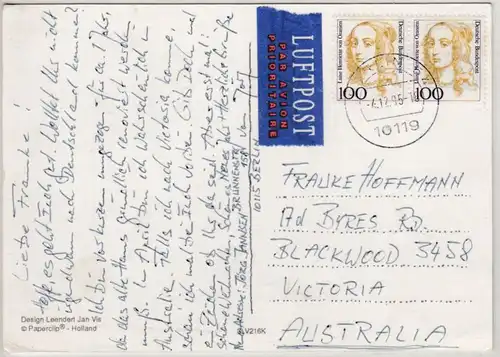 BRD - 2x100 Pfg. Frauen Lupo-Karte n. AUSTRALIEN, Berlin - Blackwood 1995