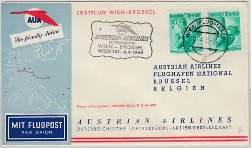 Österreich - AUA Eröffnungsflug Wien - Brüssel 1959 Luftpostbrief 2x70g Trachten
