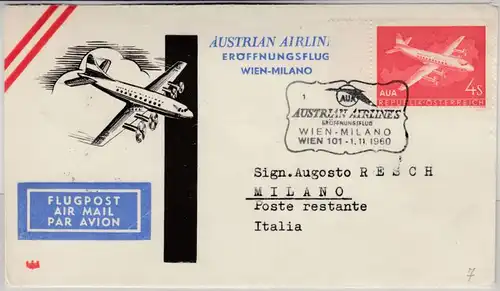 Österreich - AUA Erstflug Wien - Milano, Schmuckkuvert 1960