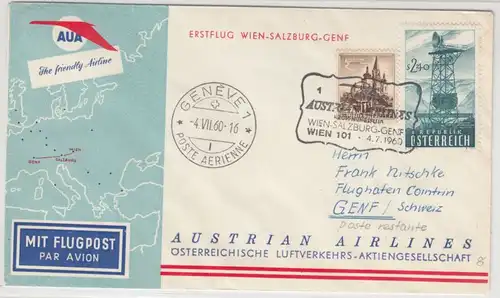 Österreich - AUA Erstflug Wien-Salzburg-Genf, Schmuckkuvert 1960