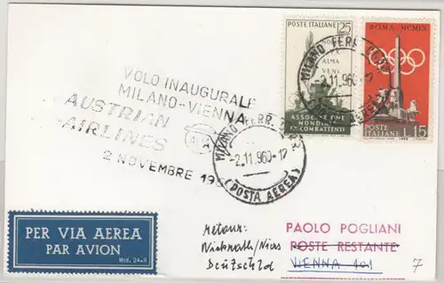 Italien - AUA Erstflug Mailand - Wien, Luftpostkarte 1960