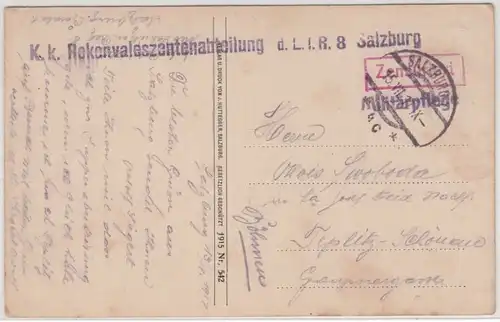 Österreich - KK Rekonvaleszentenabteilung Salzburg Feldpostkarte n. Teplitz 1917