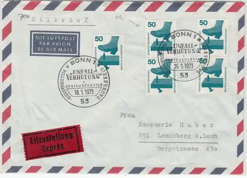 BRD - 5x50 Pfg. Unfallverhütung, Eilbrief/FDC+ESST Bonn - Landsberg 1973