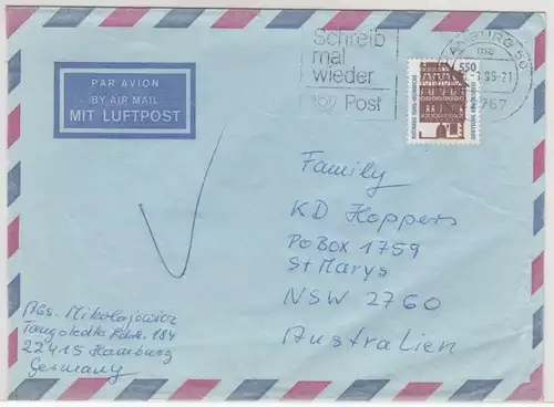 BRD - 550 Pfg. SWK, Lupo-Brief n. AUSTRALIEN, Hamburg - St. marys 1995