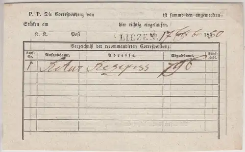 Österreich - Liezen (1850), L1 a. Recepissen-Nachweis m. Gebührenvermerk