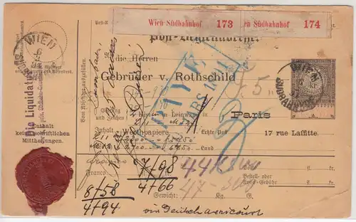 Österreich - Wien Südbahnhof 1891, Paketkarte/2 Pakete n. FRANKREICH, Leitweg ü.