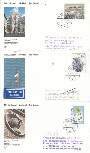 Färöer - 13 Luftpostkarten 1987/88, versch. Frankaturen
