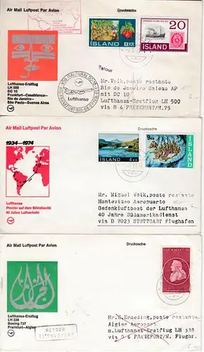 Island - 39 (!) Luftpostbriefe 1973/76, meist 1st-Flüge/interssante Zuleitungen