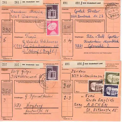 BRD - Gladenbach Land, 4 Paketkarten v. versch. Poststellen I 1975