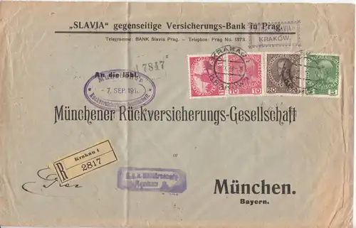 Österreich - 2x10 H. Witwen-/Waisenhilfe u.a., Einschreibebrief Krakau -1916 n.