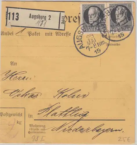 Bayern - 25 Pfg. Ludwig Friedensdruck Paar Paketkarte Augsburg - Plattling 1915
