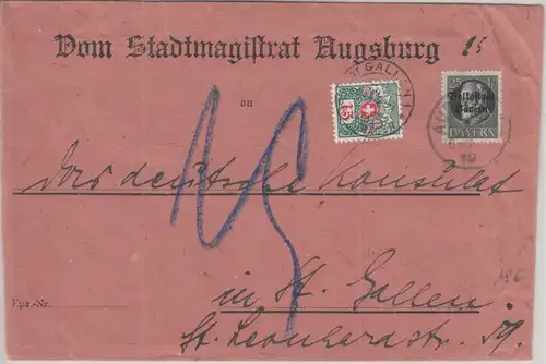Bayern - 25 Pfg. Ludwig/Volksstaat Brief i.d. SCHWEIZ Augsburg 1919 Nachporto !