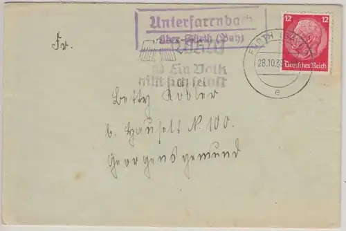 DR - Unterfarrnbach ü. Fürth Landpost-Ra2 Brief n. Georgensgmünd 1939