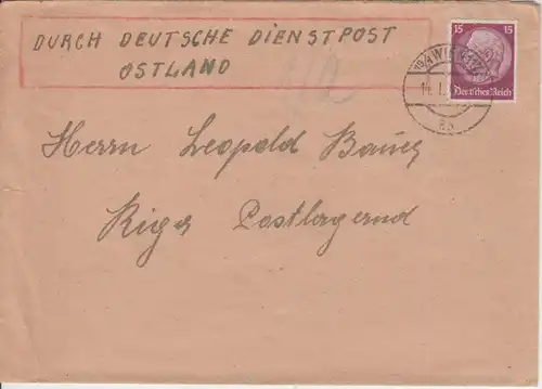 DR - 15 Pfg. Hindenburg Brief Dt. Dienstpost Ostland Wien Riga postlagernd 1942