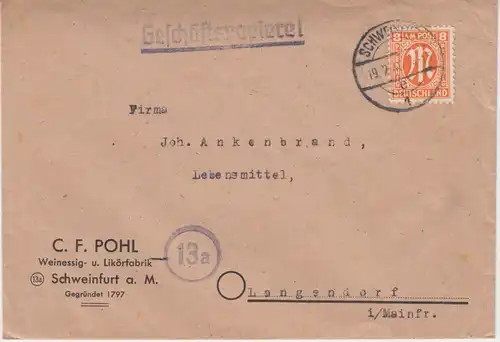 AM-Post - 8 Pfg. amerik. Druck Geschäftspapiere Schweinfurt - Langendorf 19.2.46