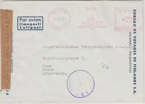 Finnland - 28 M. Absenderfreistempel Travel Bureau Luftpostbrief Helsinki 1952