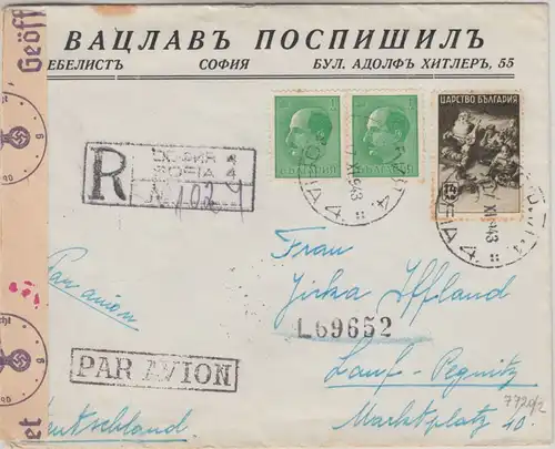 Bulgarien - 14 L. Bulg. Geschichte u.a. Luftpost Einschreibebrief Sofia 1943 n.