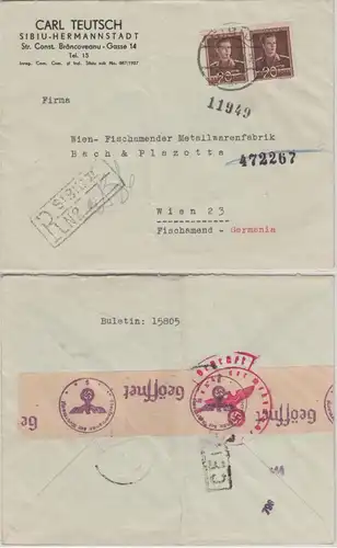 Rumänien - 2x20 L. Michael I. Einschreibebrief Sibiu - Wien 1943 OKW-Zensur