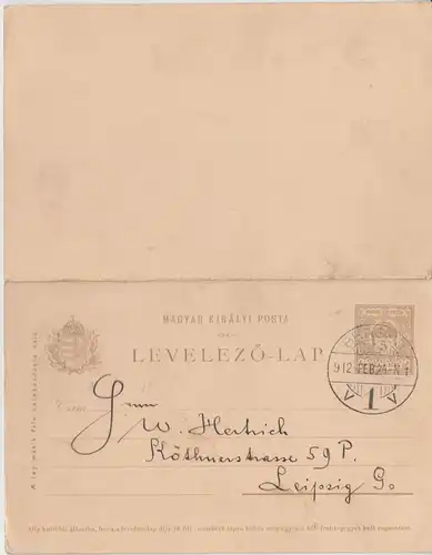 Ungarn/Rumänien - 5/5 f. Ganzsache Doppelkarte Brasso - Leipzig 1912