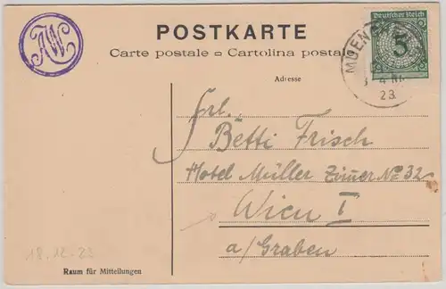 DR - 5 Pfg. Korbdeckel Postkarte n. ÖSTERREICH München - Wien 18.12.23