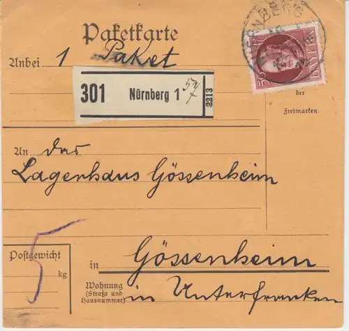 Bayern - 50 Pfg. Ludwig Friedensdruck Paketkarte Nürnberg 1 - Gössenheim 1915