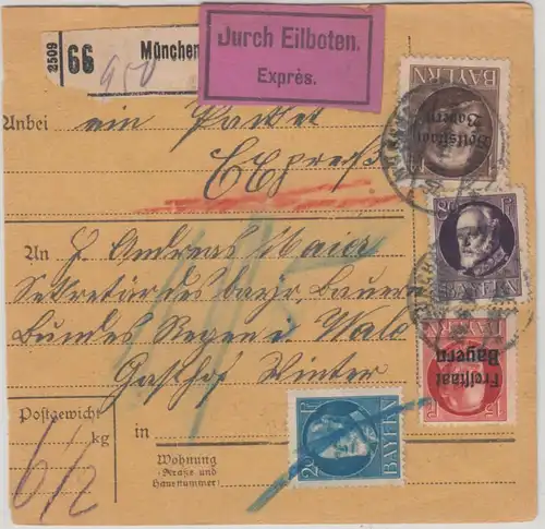 Bayern - 3 M. Ludwig/Volksstaat u.a. Eilbotenpaketkarte München - Regen 1920