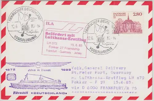 Dänemark - Lufthansa Erstflug Frankfurt Guernsey 1985 Zuleitungspost Schiffspost
