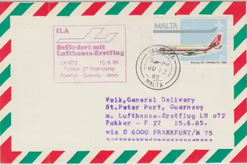 Malta - Lufthansa Erstflug Frankfurt - Guernsey Zuleitungspost 1985