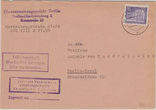 Berlin - 70 Pfg. Stadtbilder II Zustellurkunde Ortsbrief  1958