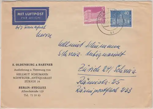 Berlin - 40+5 Pfg. Stadtbilder II Luftpostbrief i.d. SCHWEIZ Teilgebühr !! 1957