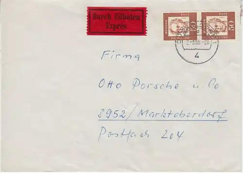 BRD - 2x50 Pfg. Bed. Deutsche Eilbrief Düsseldorf - Marktoberdorf 1965