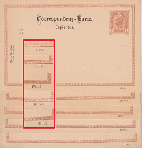 Österreich - 2 Kr. Franz-Jospeh Ganzsache 5 versch. Sprachvordrucke ungebraucht