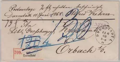 NDP - Darmstadt 1868 Auslagenbrief n. Orbach - ohne Inhalt