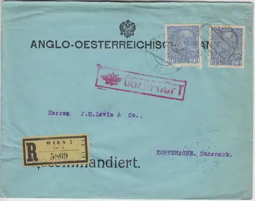 Österreich - 2x25 H. Franz-Joseph Perfin AÖB Einschreibebrief n. DÄNEMARK 1914