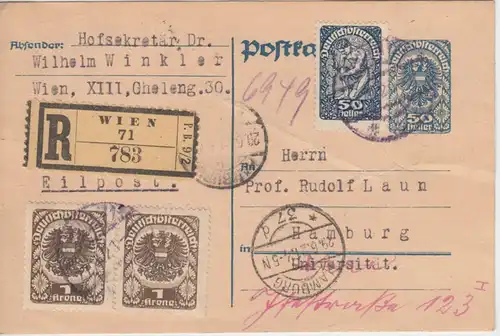 Österreich - 50 H. Ganzsache + Zusatz Einschreibekarte Wien - Hamburg 1921