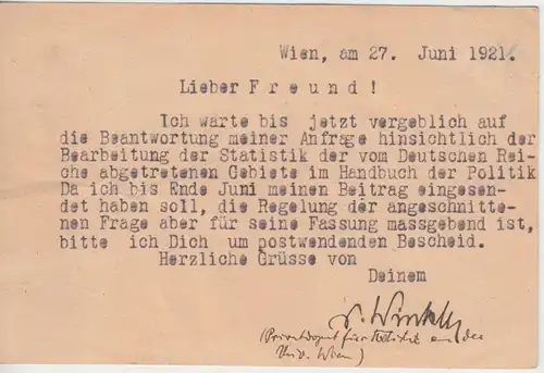 Österreich - 50 H. Ganzsache + Zusatz Einschreibekarte Wien - Hamburg 1921