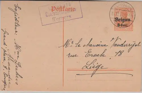 LP Belgien - 8 C. Ganzsache Tongern - Liege 1917 Zensur-Ra3 Tongern